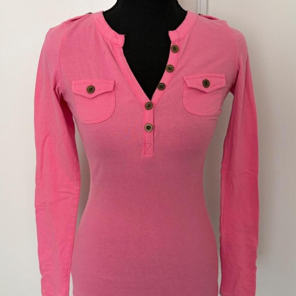 y2K Pink Long Sleeve Top with Pocket & Button Details - S